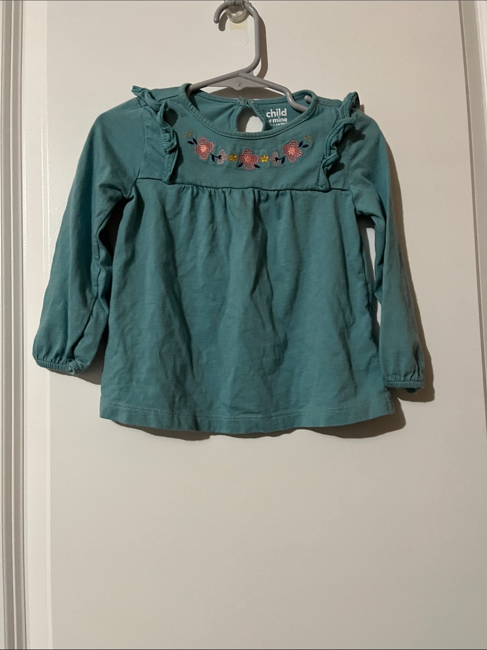 child of mine teal long-sleeve top with embroidered florals